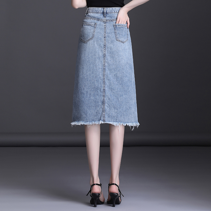 Lưng cao woolly denim váy váy nữ mùa hè 2020 dài hiển thị mỏng không thường xuyên thư túi hông bước váy váy