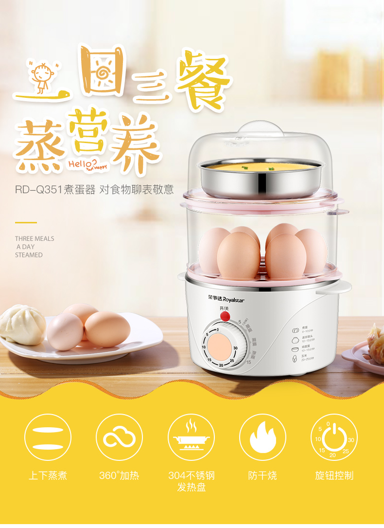 ca nấu mì siêu tốc mini Máy xay trứng Rongshida đôi hấp trứng đa năng Máy đánh trứng nhỏ trứng nhỏ trứng 羹 RD-Q351 - Nồi trứng nồi lẩu nướng mini