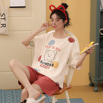 Net red hot pajamas womens cute summer home clothes short-sleeved pure cotton thin large size ins wind two-piece suit