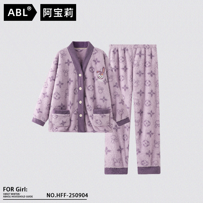 Korean-Style Purple Coral Fleece Pajamas for Women, Spring, Autumn and Winter, Fleece-Lined and Thickened Flannel Loungewear Set, Can Be Worn Outside Korean-Style Purple Coral Fleece Pajamas for Women, Spring, Autumn and Winter, Fleece-Lined and Thickened Flannel Loungewear Set, Can Be Worn Outside