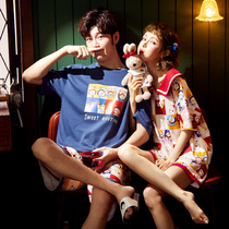 Couple pajamas female summer cotton short sleeve thin net red pop INS Wind large size men cute home clothes