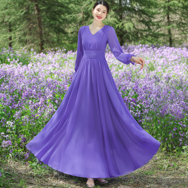 Retro V Neck Violet Long-Sleeved Dress for Women on the Beach Vacation, Waist Slimming, Chiffon Long Skirt, Pure Color