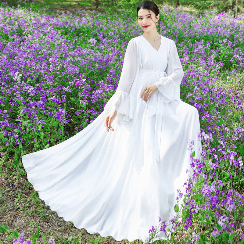 Retro V Neck White Bell-Sleeved Loose Waist Lace-Up Long Skirt with Large Hem Chiffon Seaside Vacation Dress Female Fairy Spirit