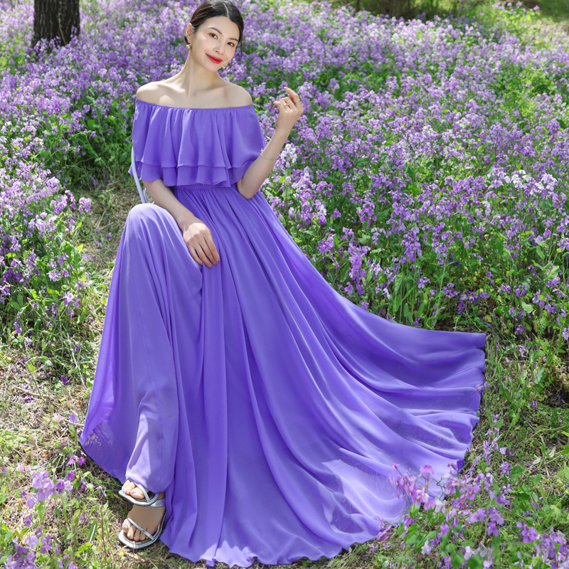 Beautiful Purple Chiffon Dress for Women with Off-Shoulder Design, Ruffled Edges, and a Long, Flowing Skirt, Perfect for Beach Vacations