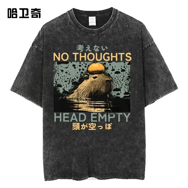 No Pensieri Funny Capybara Short-Sleeve T-Shirt Retro Washed Loose Animal Frog Pigeon Crab