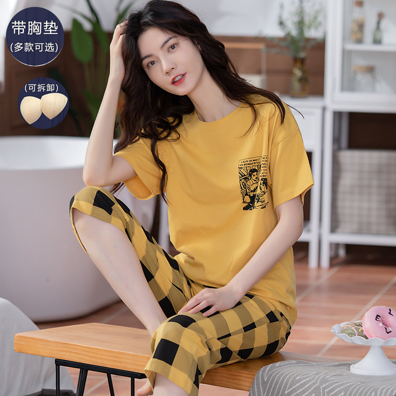 Pajamas for Women, Summer Pure Cotton Short-Sleeved with Chest Pads, Home Wear, Summer Thin Cotton, Can Be Worn Outside, Casual Two-Piece Set