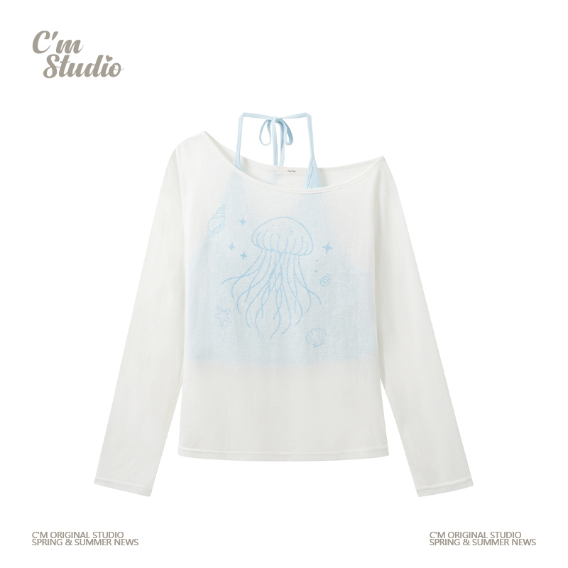 Happy Beast Graffiti Jellyfish Halter Neck Fake Two-Piece Asymmetrical Long Sleeve T-Shirt for Women, Sweet Style, Loose and Slightly See-Through Cover-Up Top