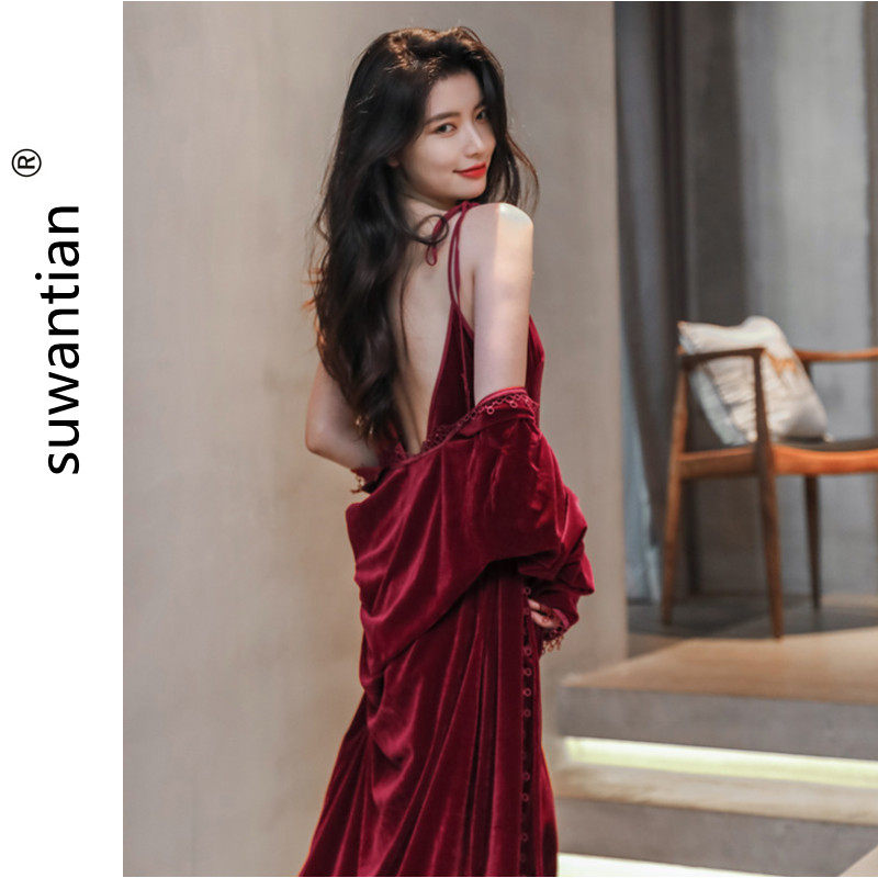 Morning robe women bride long version Sexy red wedding pyjamas wedding bridesmaids winter velvet pyjamas in winter two sets