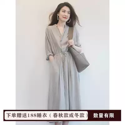 2021 spring and summer new Korean dress women's medium long version thin waist waist A- line dress temperament French V collar shirt skirt