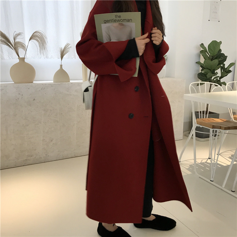 Chinese zodiac year double-sided cashmere coat women's 2022 winter new Hepburn style mid-length tie-up red woolen coat