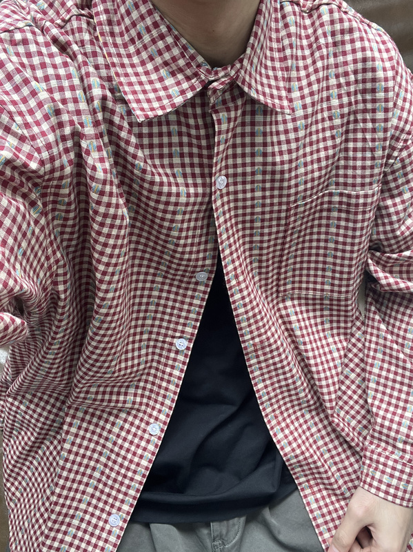 Luau Japanese Retro Small Checkered Color-Block Long-Sleeve Collared Shirt Loose Versatile Shirt Jacket Unisex Couple Style