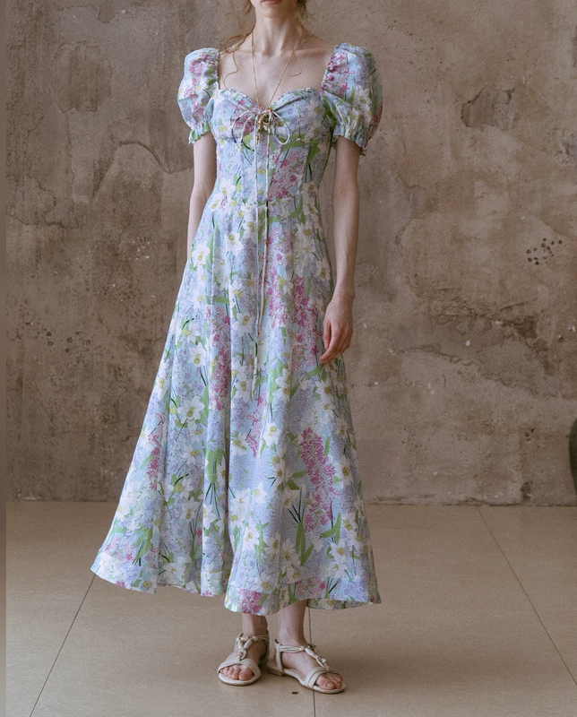 P.Tree “Flora Corset” Linen French-Style Fishbone Dress