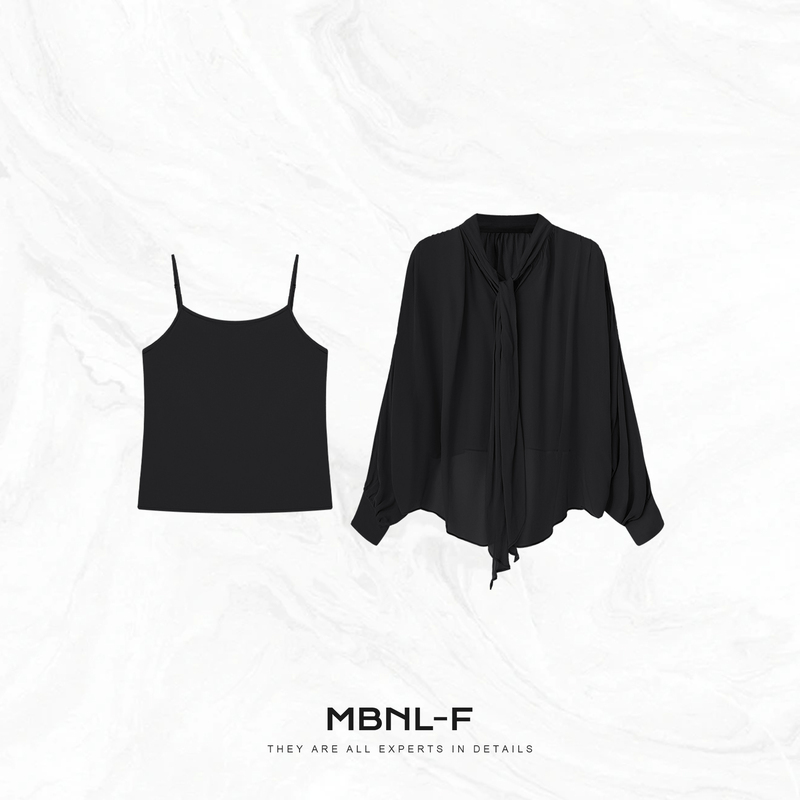 Mbnl-F/Qin Lei Women's Clothing "Mist Black Soft Gauze" Irregular Half-High Collar Black Gauze Slimming Shirt Xy-Sy2005