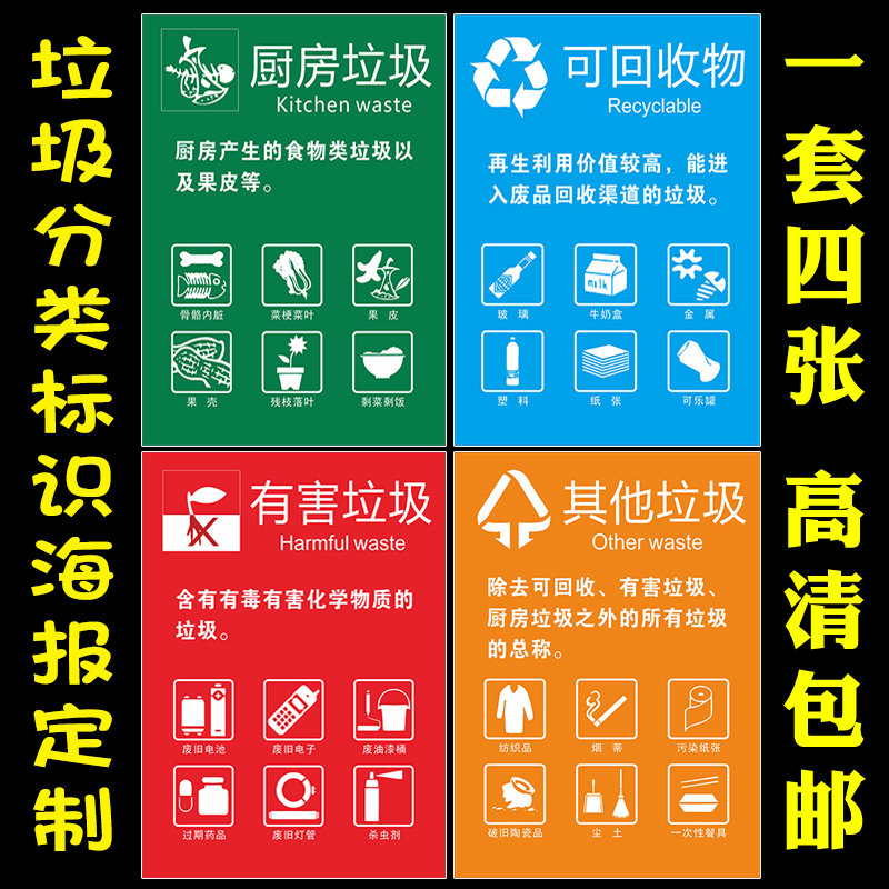 Guangzhou Urban Garbage Classification on Guide Publicity Posters Kitchen Garbage Harmful Trash Can Mark stickers