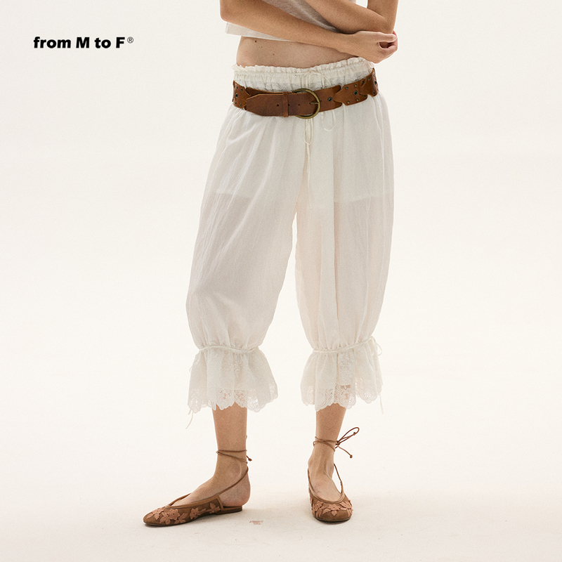 Frommtof Lace-Up Loose Casual Lantern Pants White Cropped Pants Lace Patchwork Jogger Pants Frommtof Lace-Up Loose Casual Lantern Pants White Cropped Pants Lace Patchwork Jogger Pants