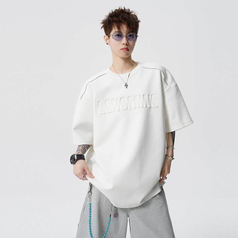 Forstnes Summer Trendy Brand Three-Dimensional Letter Short-Sleeve T-Shirt for Men, American Style Loose and Versatile Half-Sleeve Top
