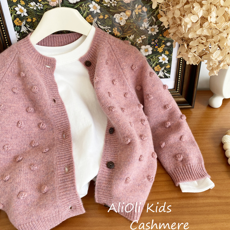 Aliolicashmere Kidsren's Pure Cashmere Thickeneded Round Neck Cardigan Handmade Popcorn Ball Cute Elegant Sweater