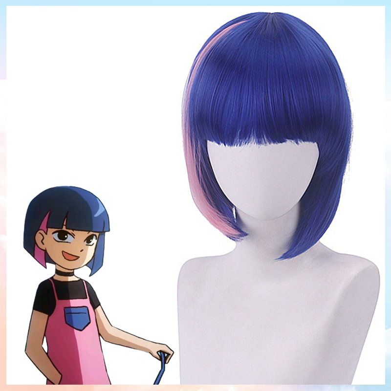 Cat Eight Assassin Wu Liqi Cosplay Wig Coke Short Hair Blue Mixed with Pink with Bangs