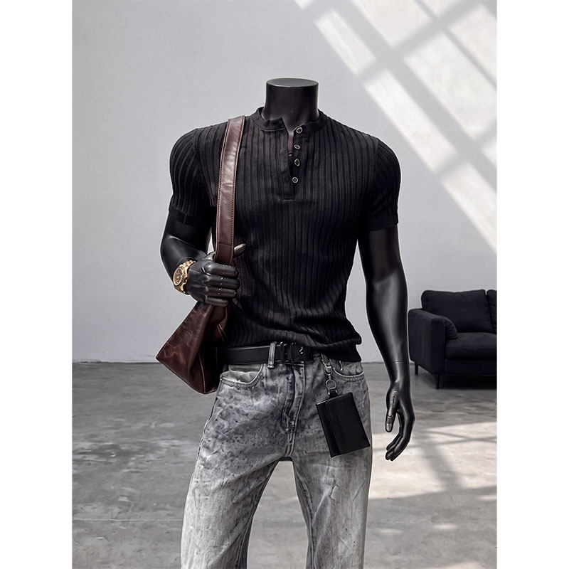 Black American-Style Henley Collar T-Shirt for Men, Summer Thin Breathable Slim-Fit Polo Shirt, Short-Sleeve Fitness Sports Half-Sleeve