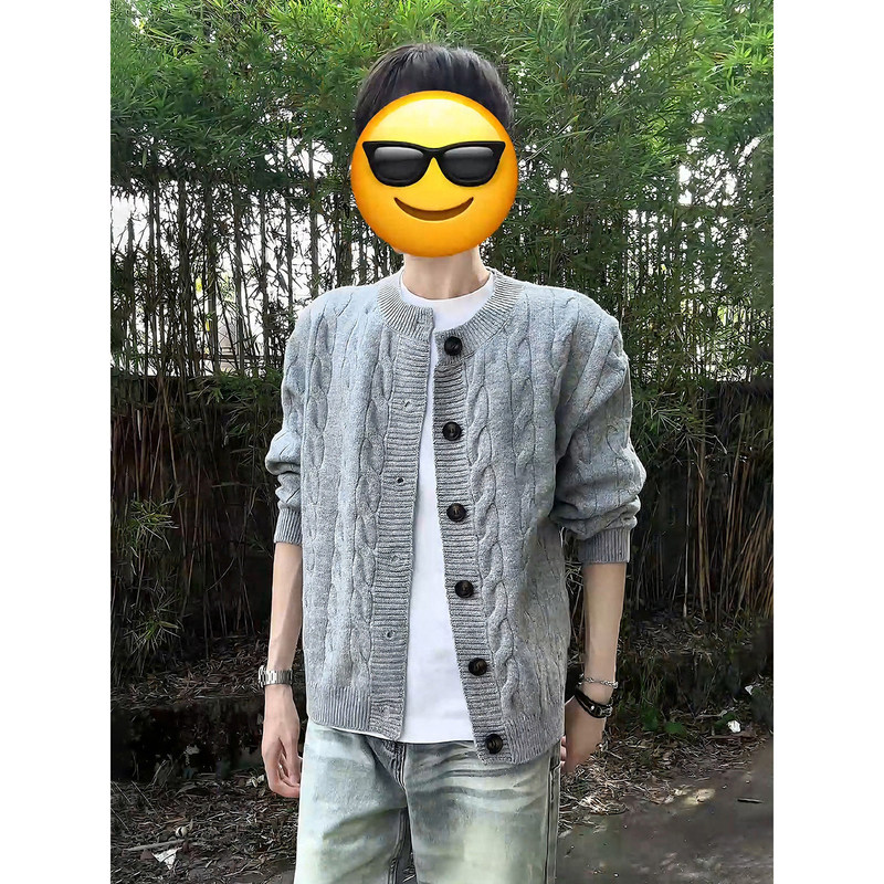 Light Gray Cable-Knit Cardigan Sweater for Men, Early Autumn Outfit, Old Money Style Jacket, Lazy and Sophisticated Knitwear