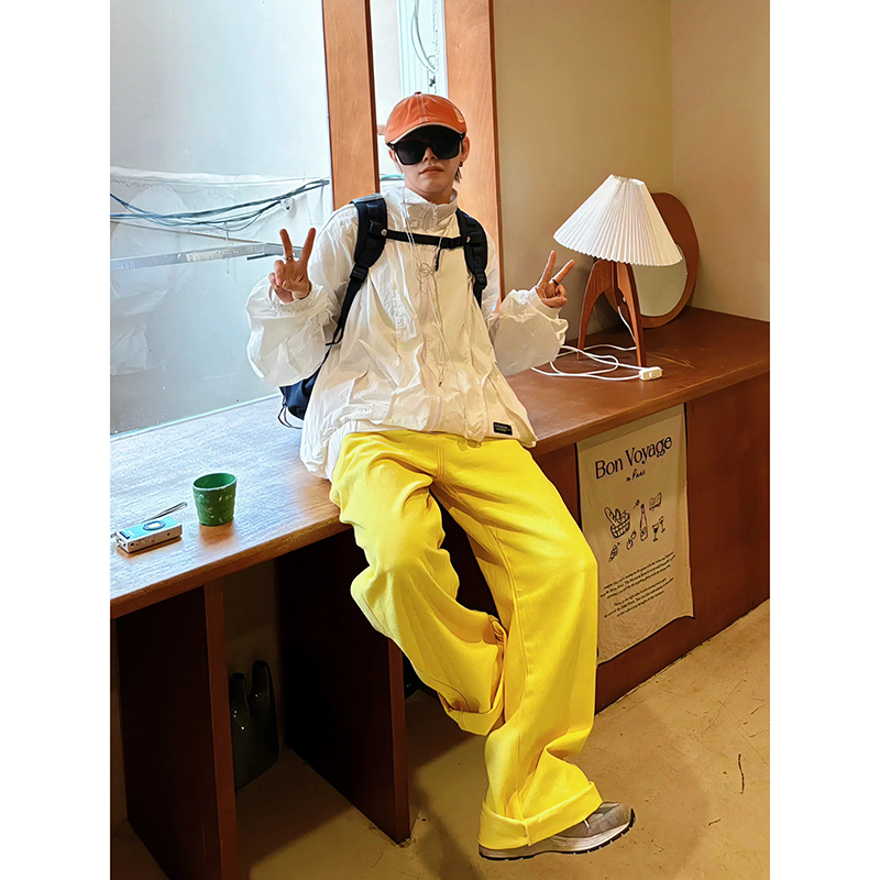 European and American Hip-Hop Pants for Men, American Style Trendy Brand, Bright Yellow Jeans, Autumn Loose Workwear Straight-Leg Pants