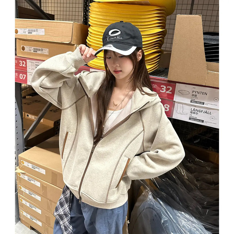 American-Style Hasselblad Line Cardigan Hooded Sweatshirt for Men and Women, Early Autumn American Retro Heavyweight Hooded Sweatshirt, Short and Wide Couple's Jacket