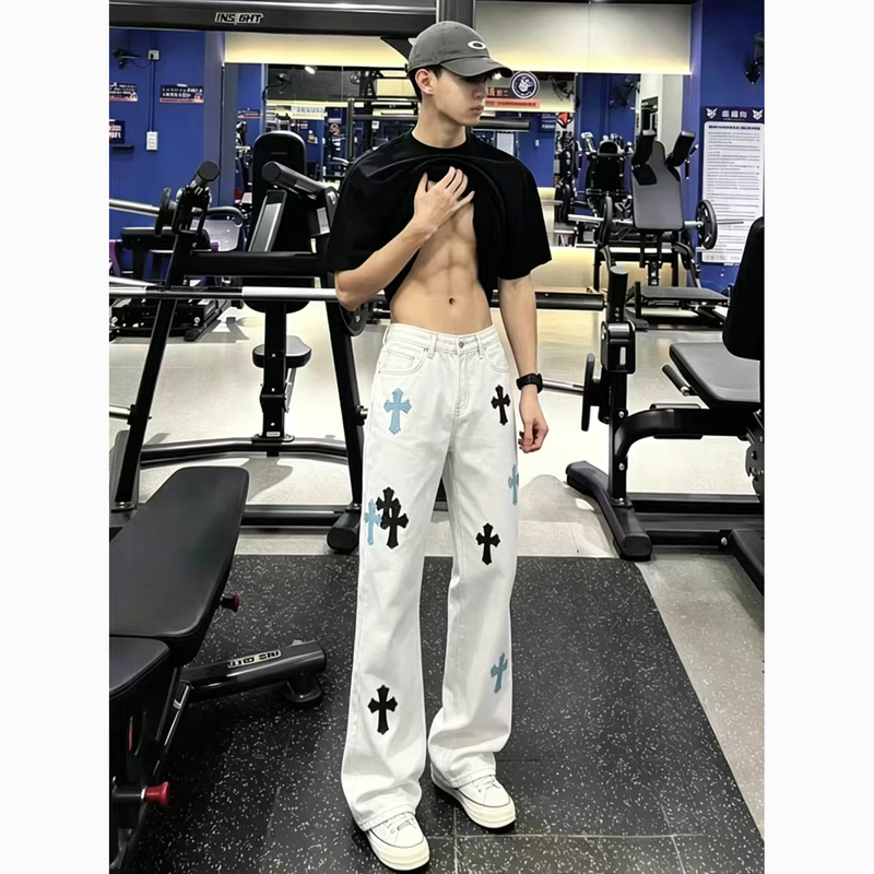 Cross Embroidery Croxin Jeans for Men, Summer American High Street Vibe Pants, Cool and Stylish, High-End Flared Pants