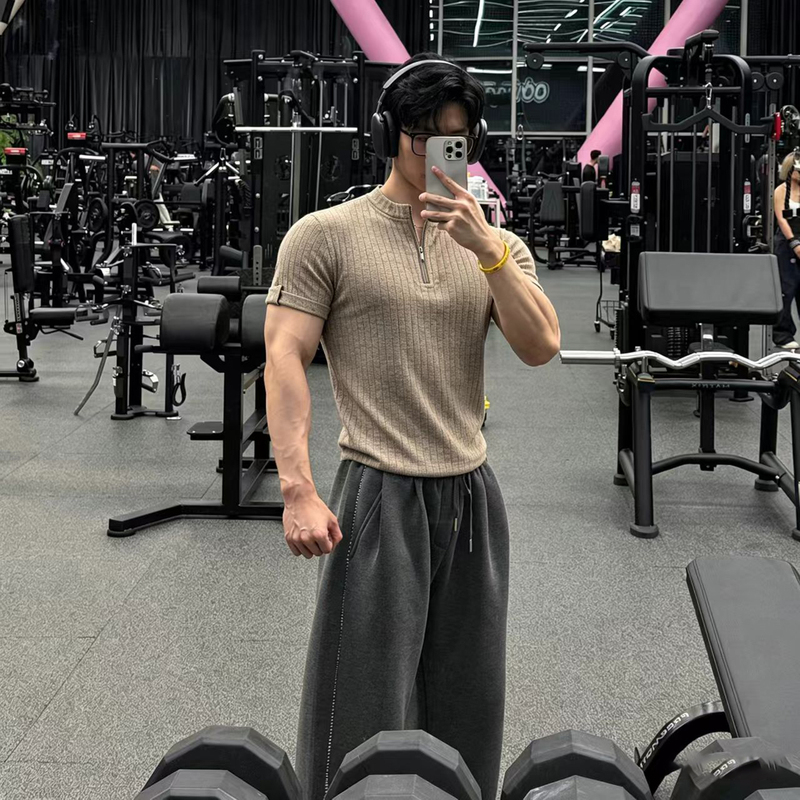 Old Money Style Half-Zip Knit Short-Sleeve Men's Summer High-End Ribbed Slim-Fit T-Shirt with a Cool and Stylish Look