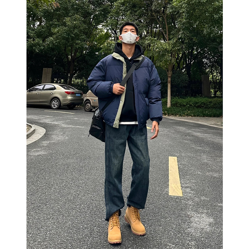 American High Street Dark Blue Jeans Men's Autumn Winter Tide Sign Matching Martin Boots Pants Ruffhanger Plus Suede Straight Barrel Pants-Taobao