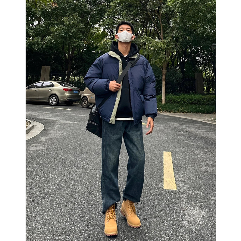 American High Street Dark Blue Jeans for Men, Autumn and Winter Trendy Brand, Paired with Martin Boots, Cool and Stylish Fleece-Lined Straight-Leg Pants
