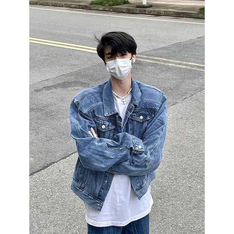 Light Blue Shoulder-Padded Short Denim Jacket for Men, Spring and Autumn, High-End Stylish Cleanfit Jacket