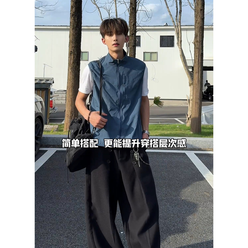 Navy Blue Three-Proof Quick-Dry Zip-Up Vest for Men, Spring Season, American-Style Functional Lightweight Workwear Sleeveless Top