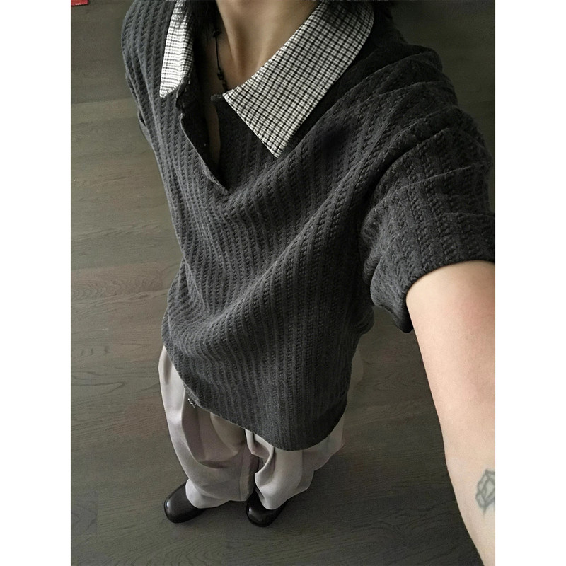 Houndstooth Fishbone Pattern Short-Sleeve Polo Shirt for Men, Summer American-Style Heavyweight Turn-Down Collar T-Shirt, Cleanfit Regular Shoulder Half-Sleeve