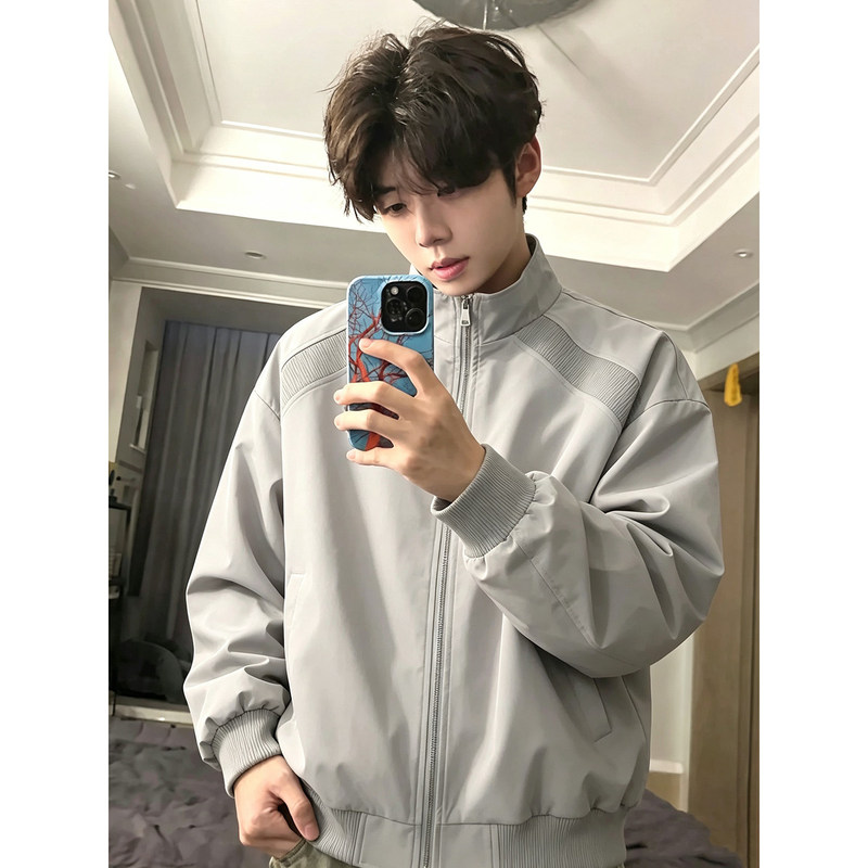 Bomber Stand-Collar Flight Jacket for Men, Autumn American Retro Style, Regular Shoulder Baseball Jacket, Cleanfit Workwear Coat