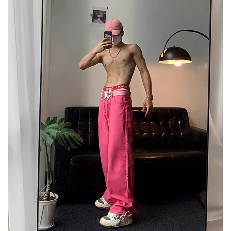 Dopamine Style Pink Jeans for Men, Summer American Hip-Hop Pants, Loose Straight-Leg Vintage Wide-Leg Pants Dopamine Style Pink Jeans for Men, Summer American Hip-Hop Pants, Loose Straight-Leg Vintage Wide-Leg Pants