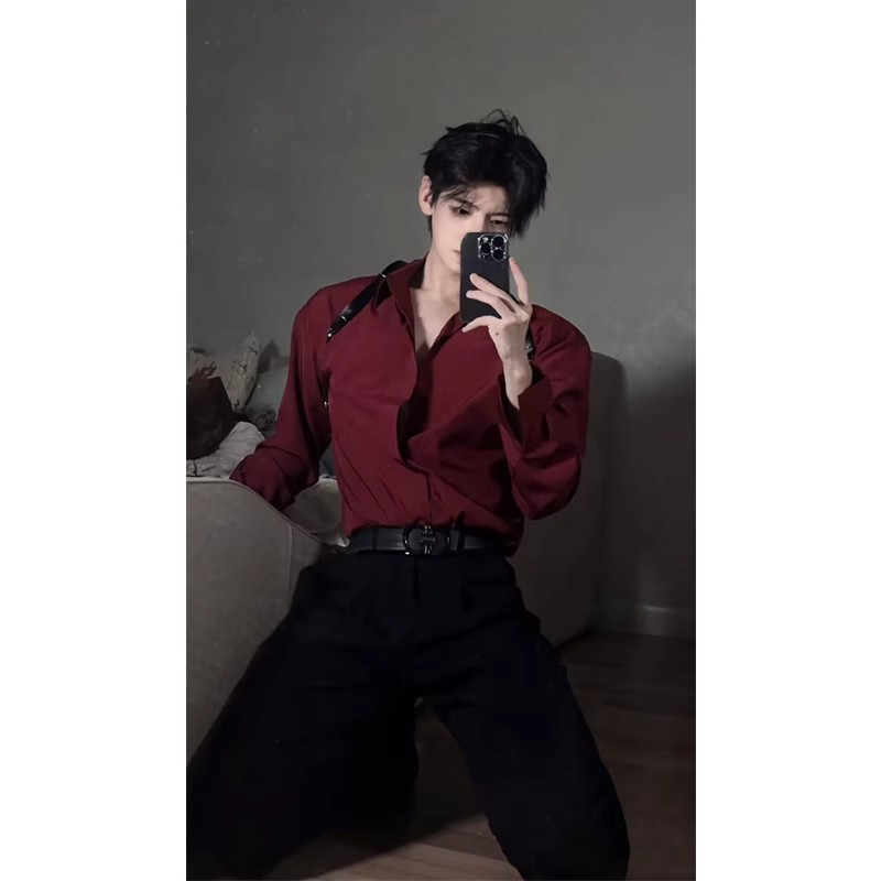 Abstinence-Style Burgundy Shirt for Men, Cool and Handsome Dk Boys' Uniform Jacket, High-End Long-Sleeved Shirt, Cool Men's Clothing Abstinence-Style Burgundy Shirt for Men, Cool and Handsome Dk Boys' Uniform Jacket, High-End Long-Sleeved Shirt, Cool Men's Clothing