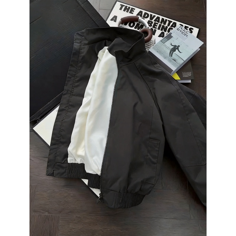 Dark Gray Stand-Up Collar Bomber Jacket for Men, Autumn High-End Short Baseball Jacket, Loose Workwear Coat Dark Gray Stand-Up Collar Bomber Jacket for Men, Autumn High-End Short Baseball Jacket, Loose Workwear Coat