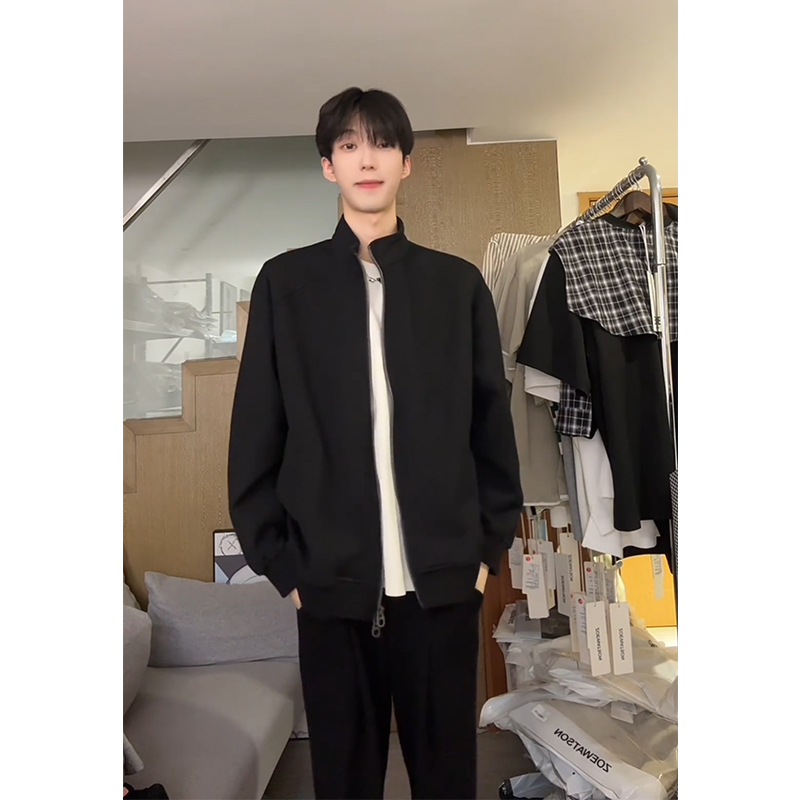 Black Casual Cardigan Sweatshirt for Men, Spring and Autumn American Style Stand Collar Men's Jacket, 2026 New Men's Short Coat
