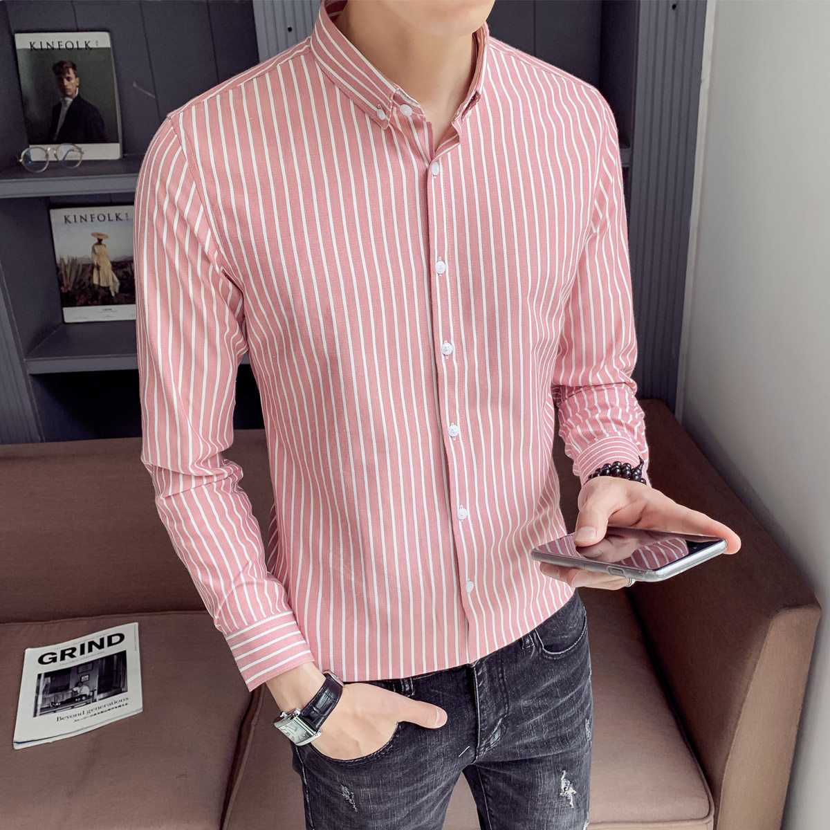 Spring and autumn striped shirt men's long-sleeved Korean version of the trend slim fit handsome inch clothing casual shirt men's shirt men's