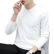 V-neck white sweater mens spring and autumn thin bottoming sweater trendy mens solid color sweetheart neck sweater