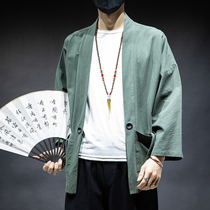 Hanfu mens seven-point sleeve cloak style jacket mens fairy thin loose road robe Chinese style cotton and linen cardigan summer