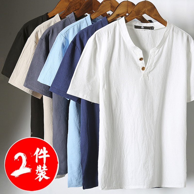 2 Summer Linen Short Sleeve T - shirt suit men's pure color V lead Chinese wind coat cotton and hawk half sleeve