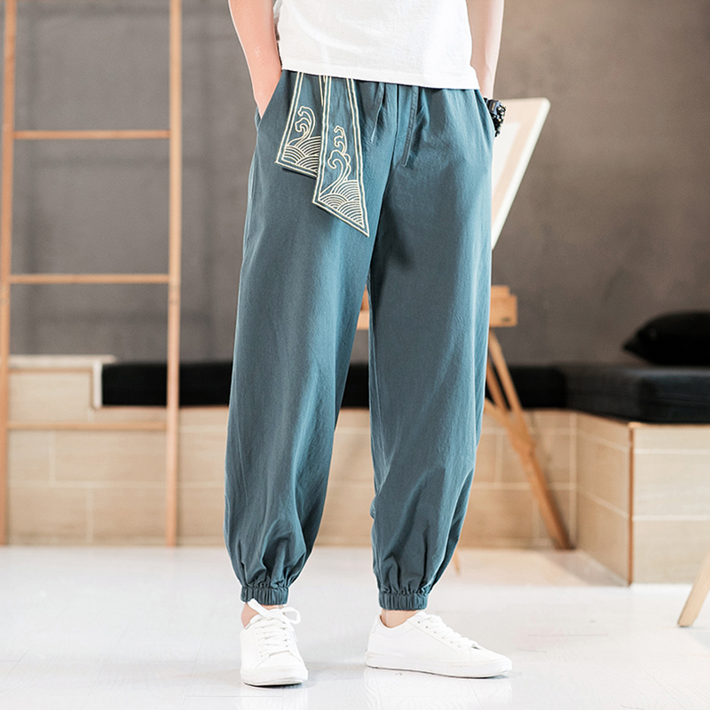 Chinese style Tang Costume Men Pants Retro Chinese Style Embroidered Casual Pants Men's Clothing Bouquet Stomatpants Large Size Easy and small foot long pants