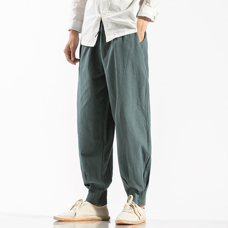 Autumn Chinese style men's linen material Tang suit plus size harem pants men's loose cotton linen small feet casual long pants trendy
