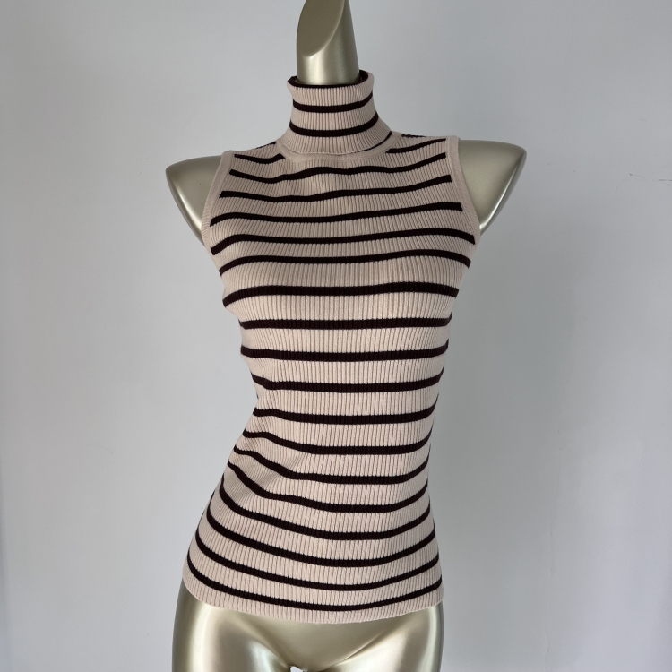 Striped Patchwork Pullover Turtleneck Versatile Casual Workwear Sleeveless Vest Knitted Top 703