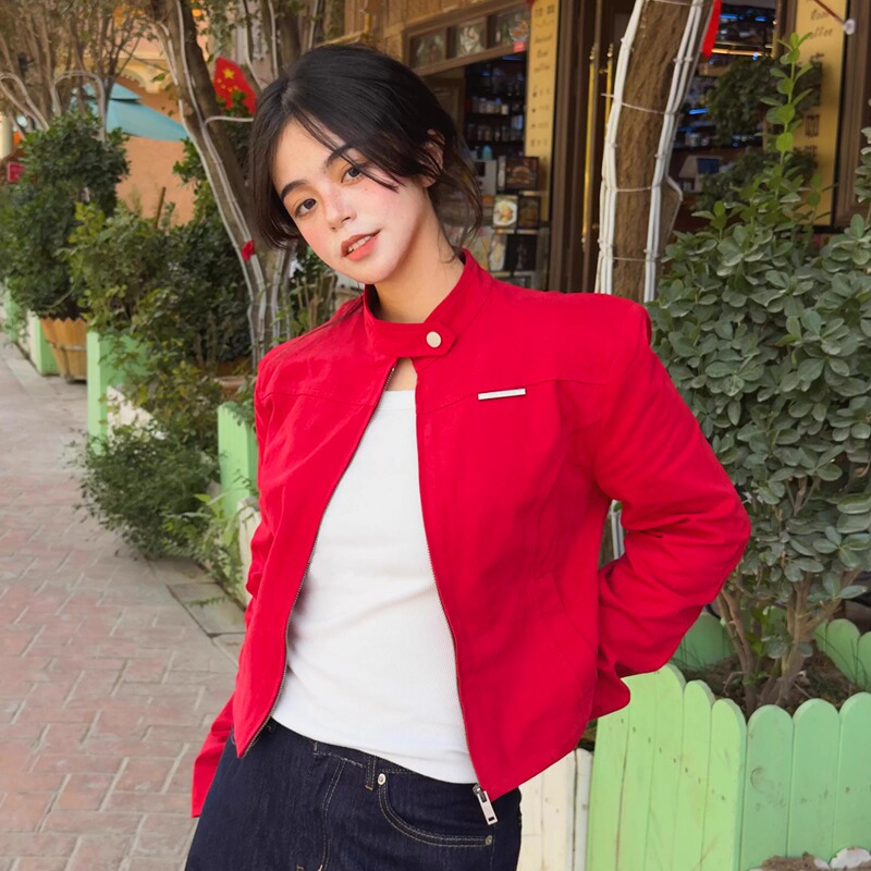 American Street Style Red Stand-Up Collar Short Jacket for Women, Autumn Sweet and Cool Style, Versatile Zipper Shoulder Jacket Top