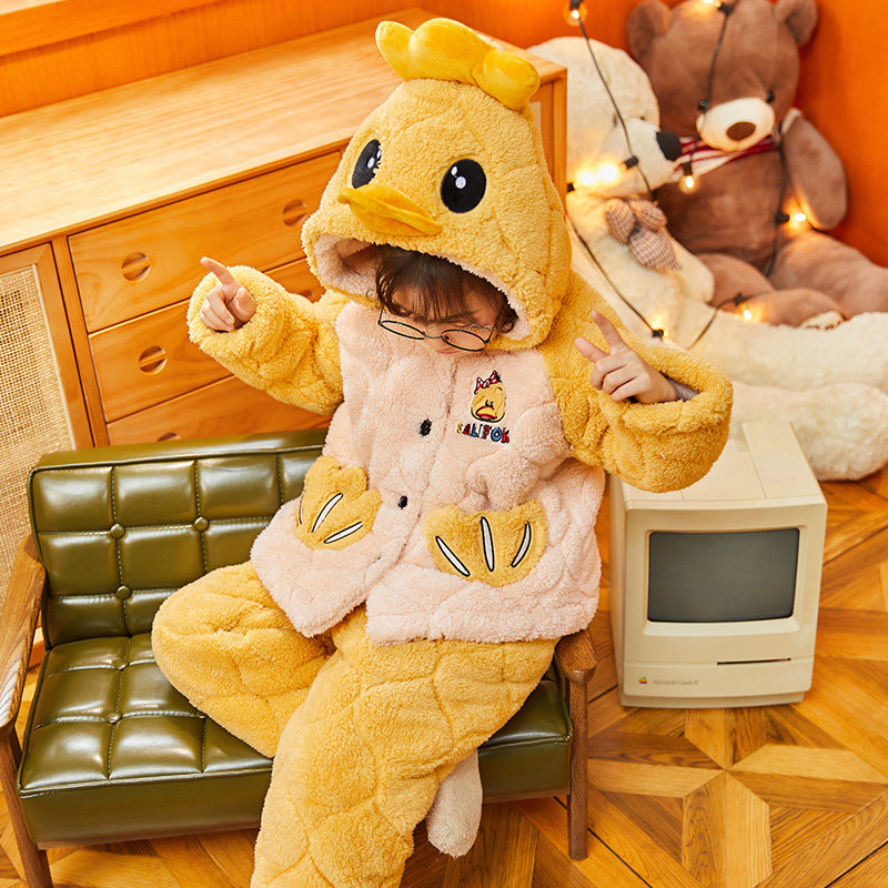 Children's pajamas Winter girls coral fleece thickened three-layer cotton jacket baby flannel warm housewear set