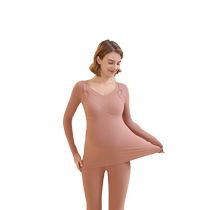 Pregnant womens autumn clothes and long trousers set warm velvet bottoming shirt with built-in chest pad no need to wear underwear postpartum breastfeeding women