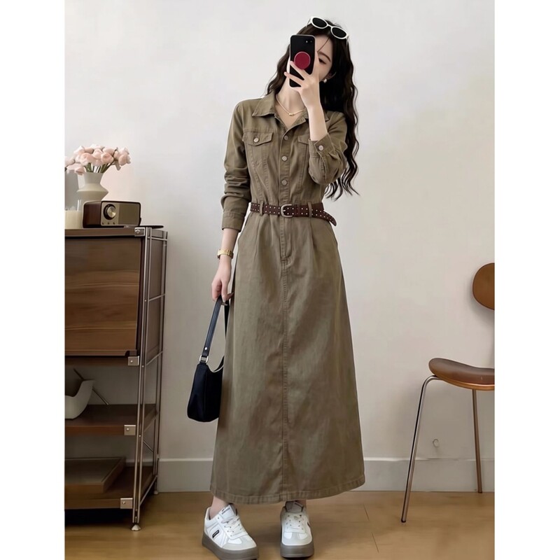 Old Money Style Retro Denim Dress 2026 Women's Autumn Plus Size Slimming French Workwear Shirt Dress Old Money Style Retro Denim Dress 2026 Women's Autumn Plus Size Slimming French Workwear Shirt Dress