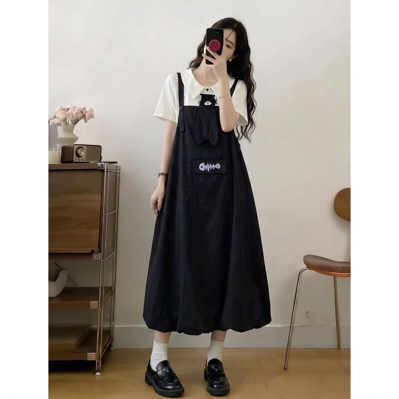 French-Style Design Shirt and Floral Suspender Skirt Two-Piece Set for Women, Summer Plus Size, Loose Fit, Slimming and Body-Covering Outfit